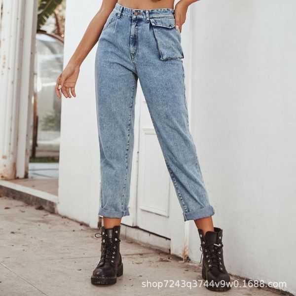 

women's jeans high waist woman european style trouser casual fashion denim pants, Blue