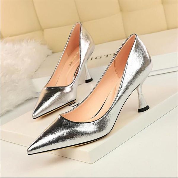 

2021 new women pumps high thin heel metal pointed toe shallow ladies bridal wedding women shoes gold high heel female pumps, Black