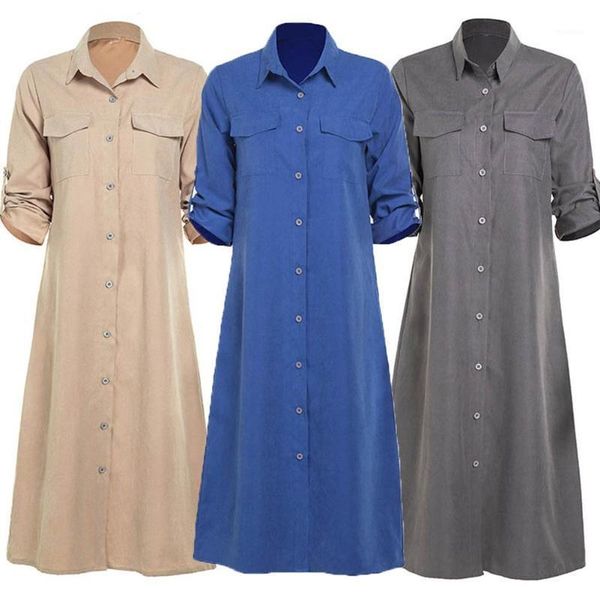 

women turn down collar long sleeve single-breasted pockets maxi shirt dress1, Black;gray