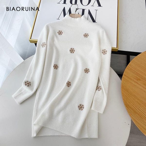 

women's sweaters biaoruina snowflake embroidery comfortable loose casual long turtleneck sweater female autumn winter fluffy pullover, White;black