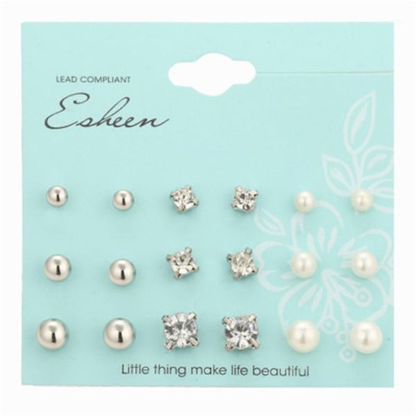 

wish cross-border korean earrings artificial pearl earrings set rhinestone pearl set1, Golden;silver