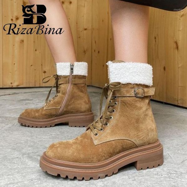 

boots rizabina women ankle snow plush fur round toe cross strap zipper shoes winter party footwear size 34-401, Black