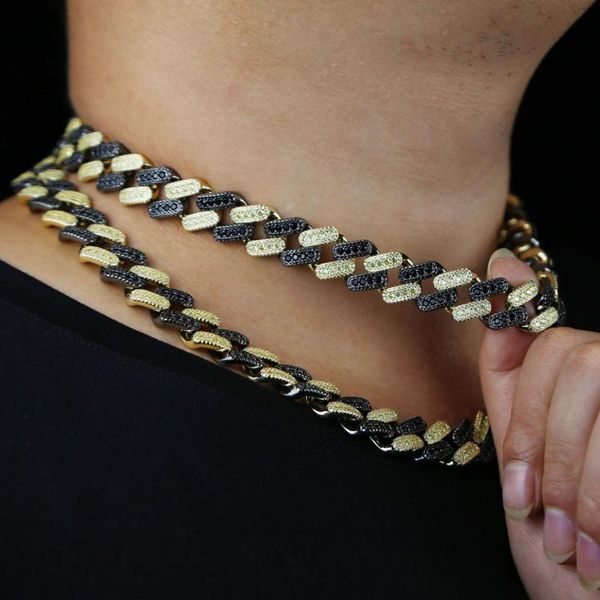

two tone color white black cz paved iced out bling 5a cubic zirconia cz 15mm cuban link chain hip hop bling men boy necklace, Golden;silver