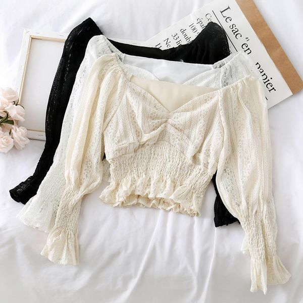 

heliar lace blouses women summer transparent female long sleeve buttoned up solid loose shirt fashion shirt for women, White