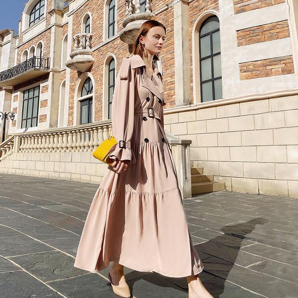 

ael safari style spring dress with belt turn down collar ruffle dress double breasted long high waist streetwear new 2020, Black;gray