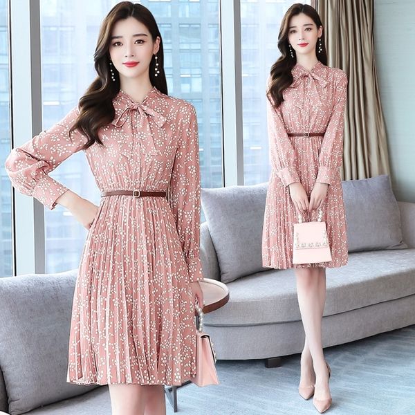 

0ycrd long-sleeved autumn new 2020 jteie floral women's long temperament slim dress slim high knee-length dress chiffon, Black;gray