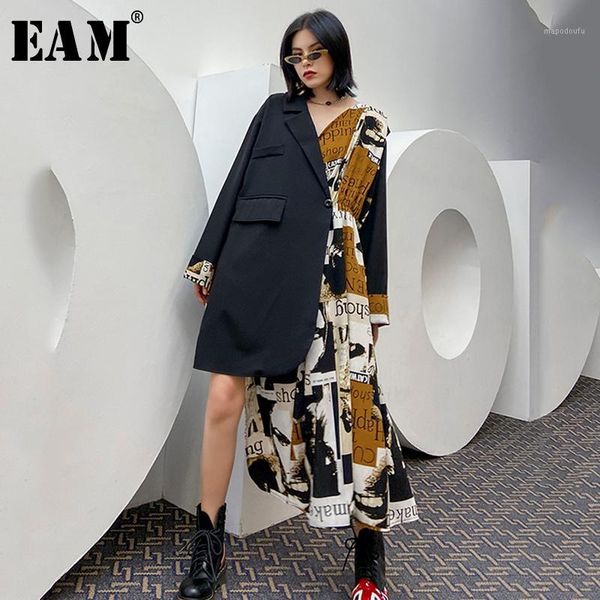 

eam] women pattern printed black irregular big size dress new lapel long sleeve loose fit fashion tide spring autumn2020 1y4241, Black;gray