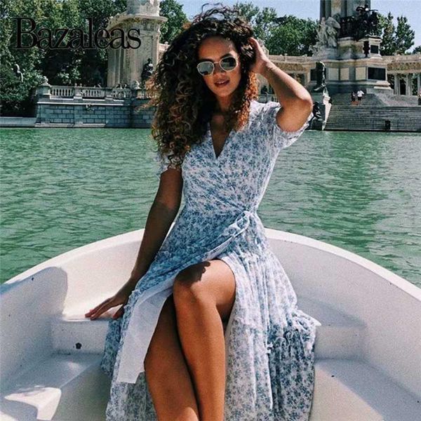 

bazaleas fashion v neck wray midi dresses women vintage blue floral print vestidos chic short sleeve split women dress1, Black;gray