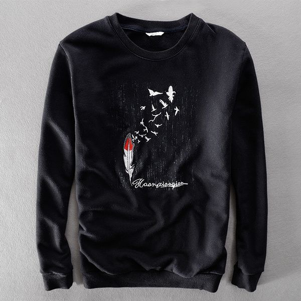 

ibusw 17 autumn and winter new men's cotton coat sweater sweater thickened round neck embroidered long sleeve coat 5007 top, Black