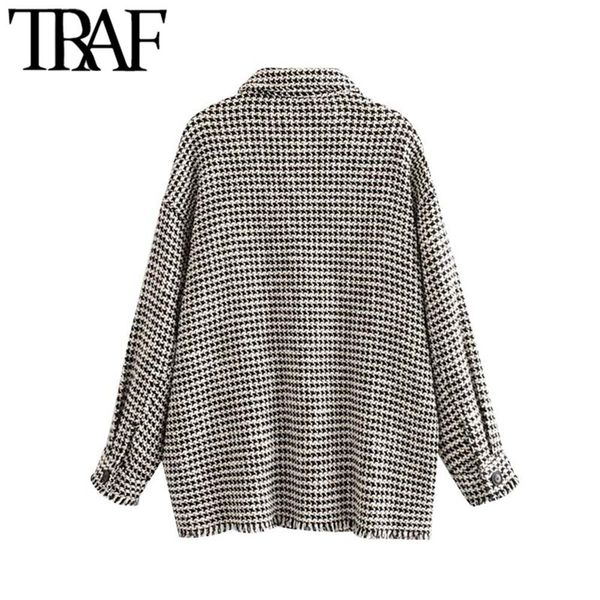 

traf women vintage stylish frayed tassel oversized tweed plaid jacket coat fashion long sleeve pockets outerwear chic 201013, Black;brown