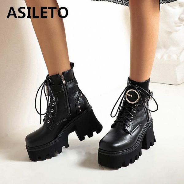

asileto ladies ankle boots new 2021 square toe 9cm block heel platform lace-up buckle zip rivets cool big size 44 autumn c2282, Black