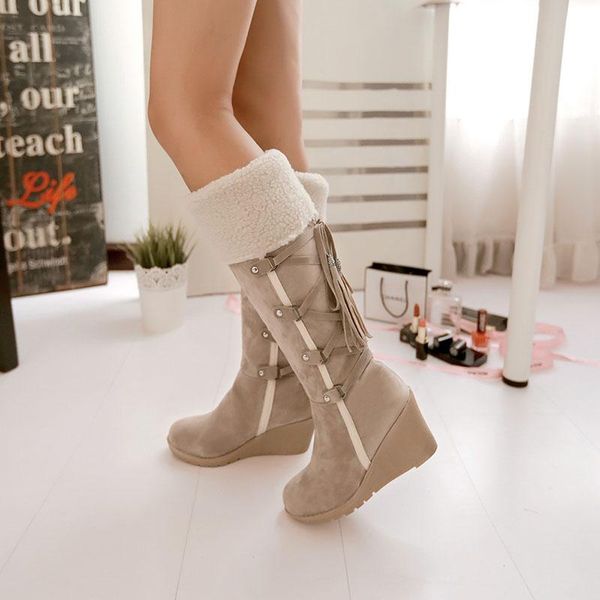 

boots 2021 fashion knee high women spring and autumn wedge heel lace up snow casual keep warm, Black