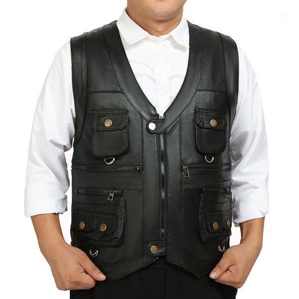 

2020 genuine leather cowhide vest male slim commercial male leather vest sheepskin men waistcoat with many pockets1, Black;white