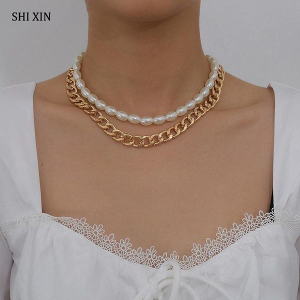 

shixin 2 pcs/set chunky chain imitation pearls choker necklace for women multi layer choker collar fashion necklace 2020 jewelry, Golden;silver