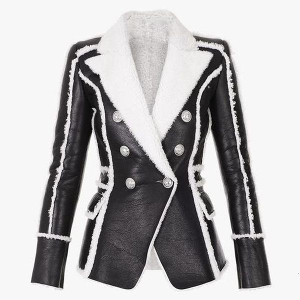 

deat 2020 winter new arrivals faux fur leather double breasted buttons slim blazer women coat 19j-a160, White;black