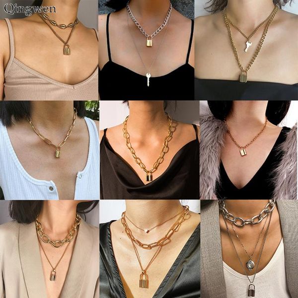 

chains qingwen multi layer lover lock pendant choker necklace steampunk padlock heart chain collier couple jewelry gift, Silver
