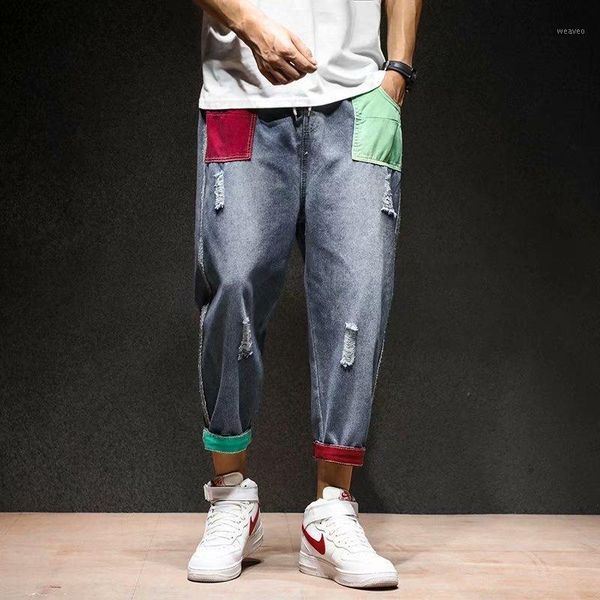 

men straight jeans 2019 japanese man streetwear crushed patchwork denim pants man jeans blue vintage sa-81