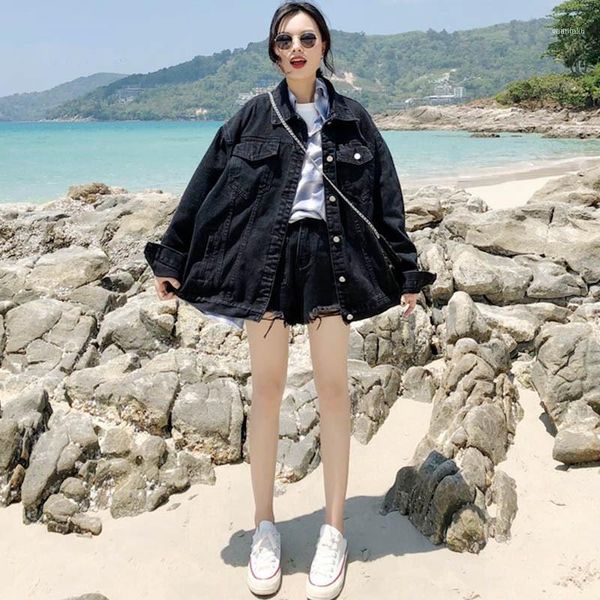 

spring fall women korean oversized denim jacket outwear long sleeve loose short denim coat preppy black jean jacket11, Black;brown