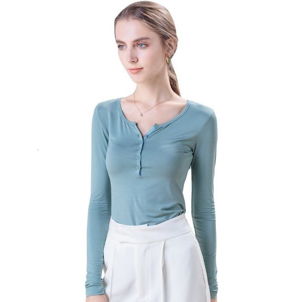 

2021 new solid colour simple casual down low v thin sleeve mercerized cotton base female shirt western style tsh9, White