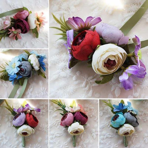 

handcrafted wrist corsage bracelet artificial silk rose flowers wedding hand flower bouquet for bride event supplies1