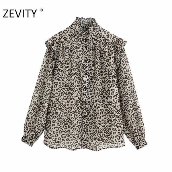 

zevity new women vintage ruffled leopard print casual smock blouse shirt women pleat ruffles chiffon blusas business ls7192 201201, White