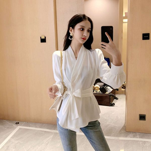 

2020 autumn new ladi' long sleeve slim style lace up shirt, White