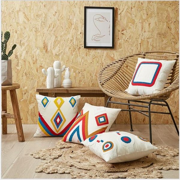 

cotton canvas geometric embroidery pillow cover beige blue red home decor cushion cover sofa pillowcase pillow sham 45x45cm