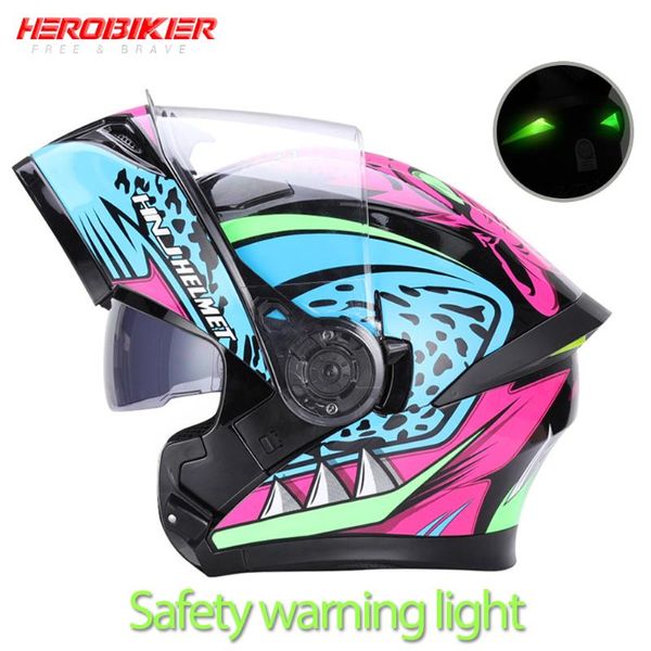 

herobiker motorcycle helmet new moto filp up helemt removable washable lining with dual lens moto helmet for men with led light