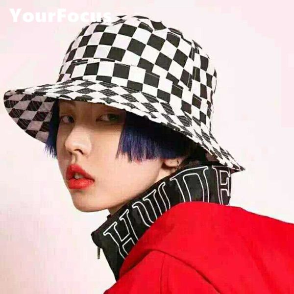 

new harajuku hip hop punk rock k pop ulzzang black white plaid checkerboard bucket hats lovers hat outdoor caps