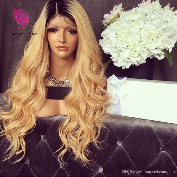 

9a grade 150% density human hair wigs ombre 1b 27# fashion wave full lace wig virgin hair glueless wig lace front wig, Black;brown