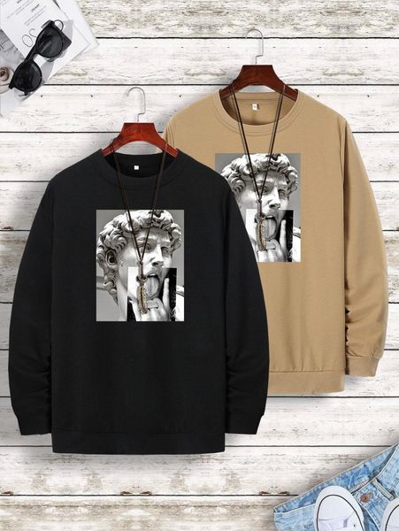 

men 2pcs figure graphic pullover u6pm#, Black