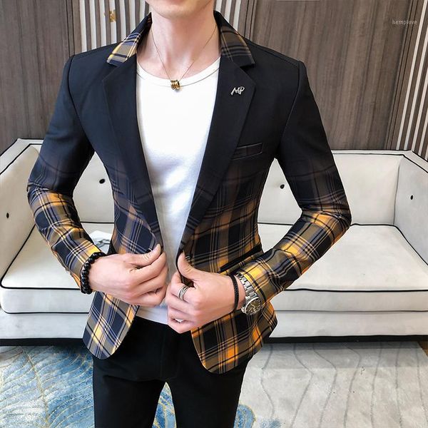 

fancy plaid gradient blazer men yellow red wedding dress 2020 blazer slim fit single button fashion suit jacket men1, White;black