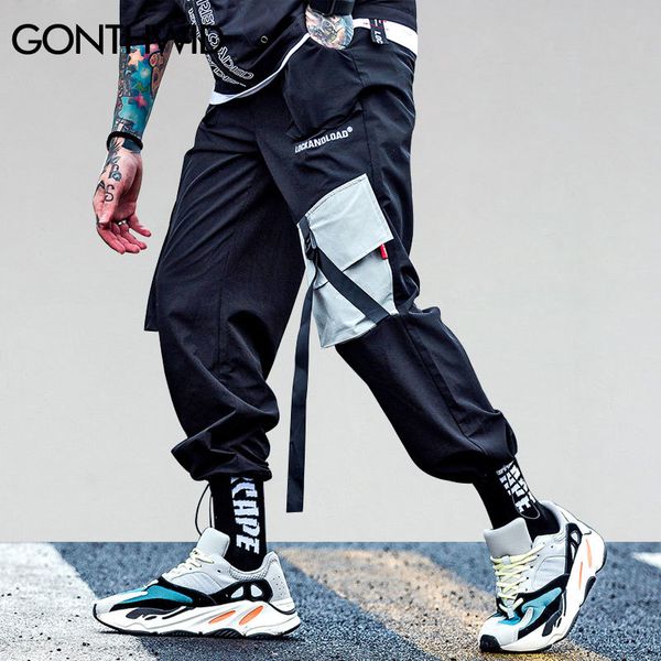 

gonthwid 2020 pockets cargo harem pants mens casual joggers baggy tactical trousers harajuku streetwear hip hop fashion swag q1219, Black