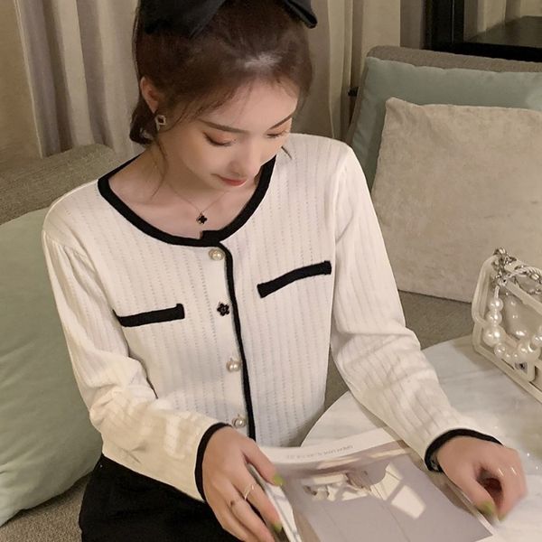 

корейский свободный контраст цвета вязаный кардиган 2020 пальто осень новый персонализированный однобортный универсальный моды пальто неболь, White;black