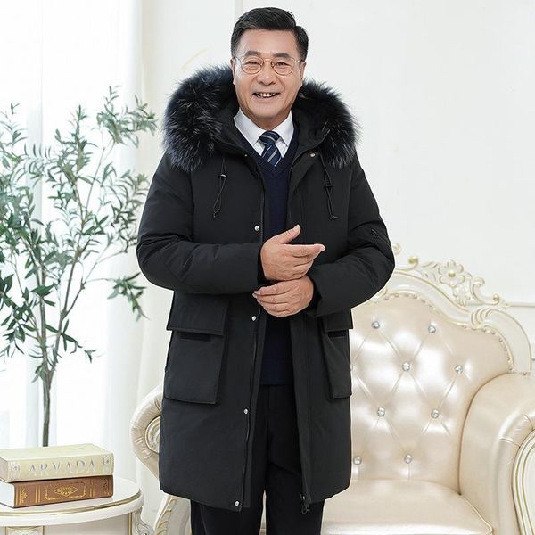 

middle-aged and elderly 2020 new mid long cold proof clothing hooded men's casual thickened coat, father's winter wear1, Black