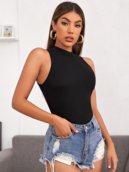 

mock-neck solid tank s6fl#, White