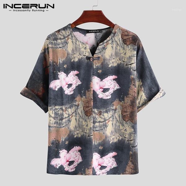 

men shirt print cotton v neck half sleeve retro chinese style casual shirts men camisa masculina streetwear incerun 2020 s-5xl1, White;black