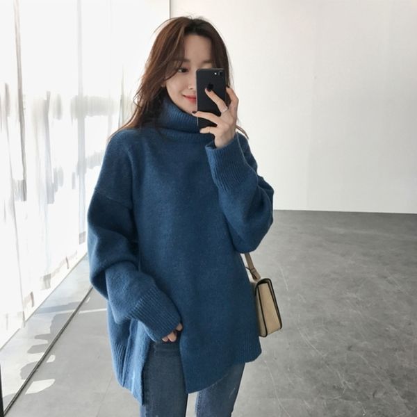 

autumn new korean loose knitted women's pullover high neck pullover sweater medium long lazy sweater pz7cs, White;black