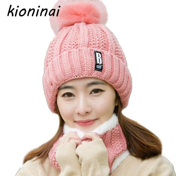 

beanie/skull caps kioninai 2-pcs winter hat beanie scarf neck warmer balaclava cap skullies women fur pom hats knitted female, Blue;gray