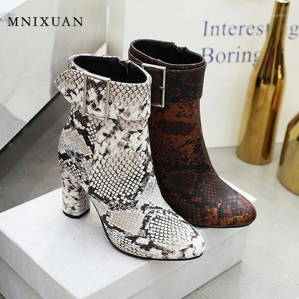 

boots mnixuan women shoes 2021 winter snake print ankle for western block high heel brown ladies booties1, Black