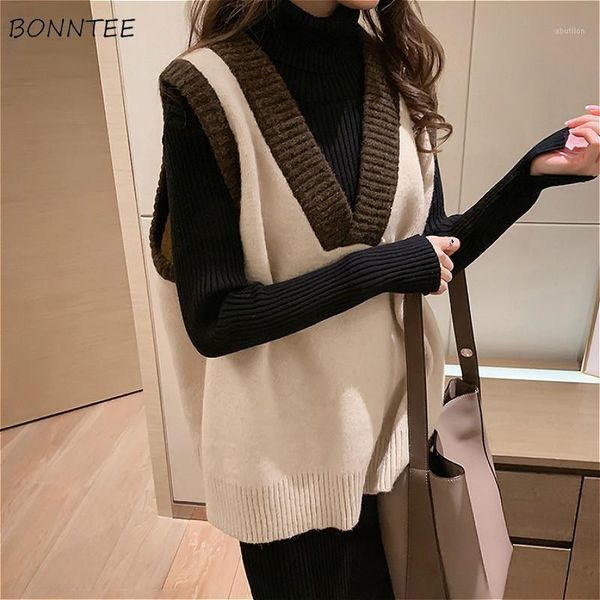 

women's vests sweater women baggy oversized teenagers bf autumn outwear stylish retro knitting ly vintage patchwork simple sleeveless1, Black;white