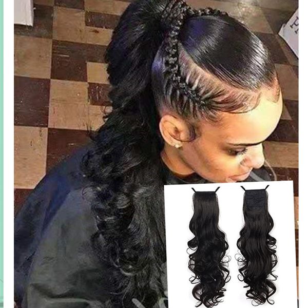 

ladies brazilian long curly ribbon wraps around drawstring ponytails hairpiece clip in on ponytail hair extensions black brown 140g 22inch