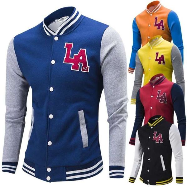 

large autumn sweater coat plush men's long sleeve color matching baseball jacket t67, Gray