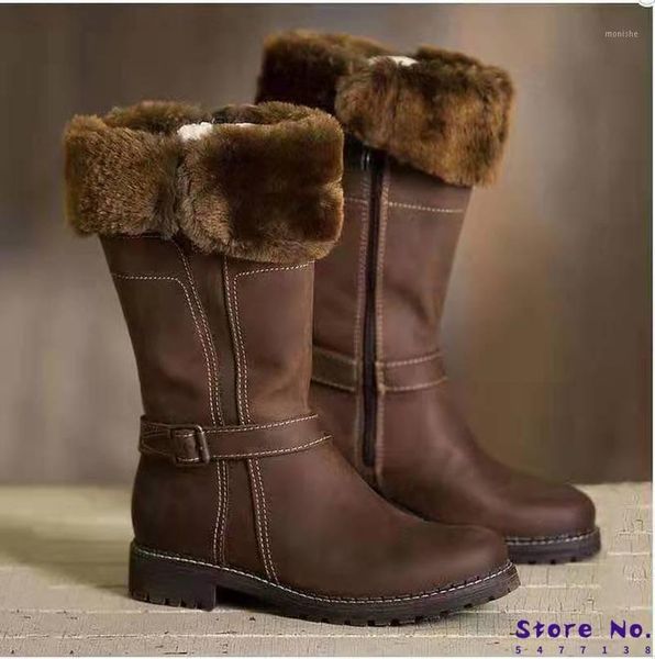 

boots 2021 knee women high big size low heels shoes booties gladiator vintage pu leather winter snow warm shoe botas mujer1, Black
