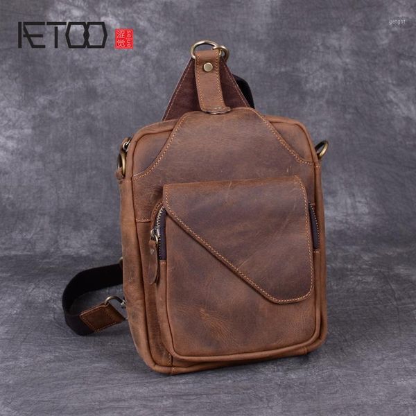 

aetoo crazy horse leather chest bag, vintage men's bag, leather one-shoulder slant handmade men's mini bag1