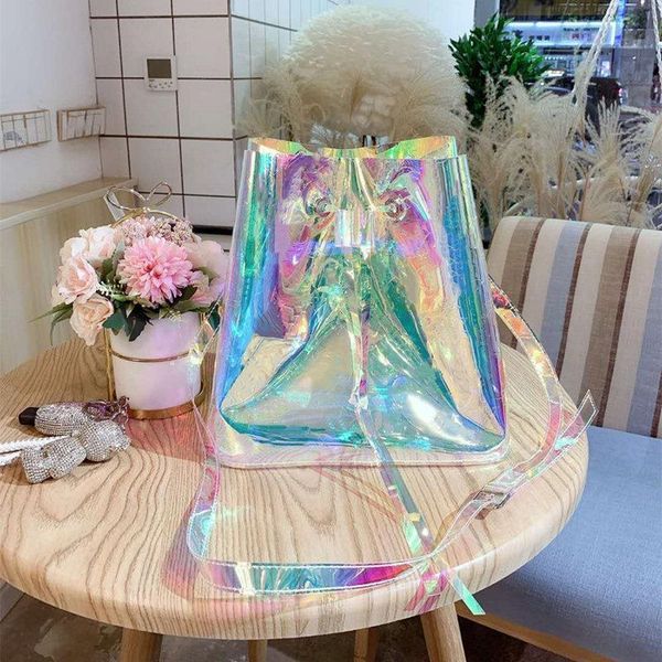

designer bucket bag fashion womens shoulder bags transparent laser magic color drawstring bucket bag pvc material letter flower beach bag