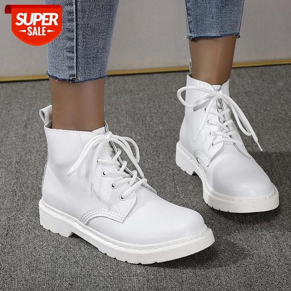 

2020 white ankle boots for women lace-up motorcycle boots fashion autumn winter women shoes punk motorcycle botas mujer #e62p, Black