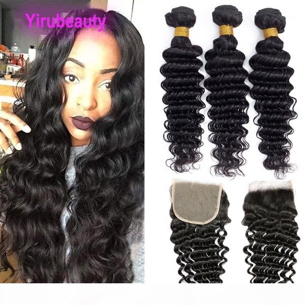 

brazilian virgin hair extensions deep wave 5*5 closure with 3 bundles 4pieces lot 5x5 closure with three bundles deep curly natural color, Black;brown
