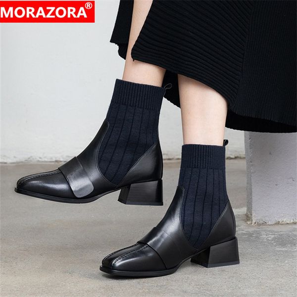 

morazora 2020 new arrival genuine leather shoes women ankle boots slip on autumn stretch boots square heels dress shoes woman 1026, Black