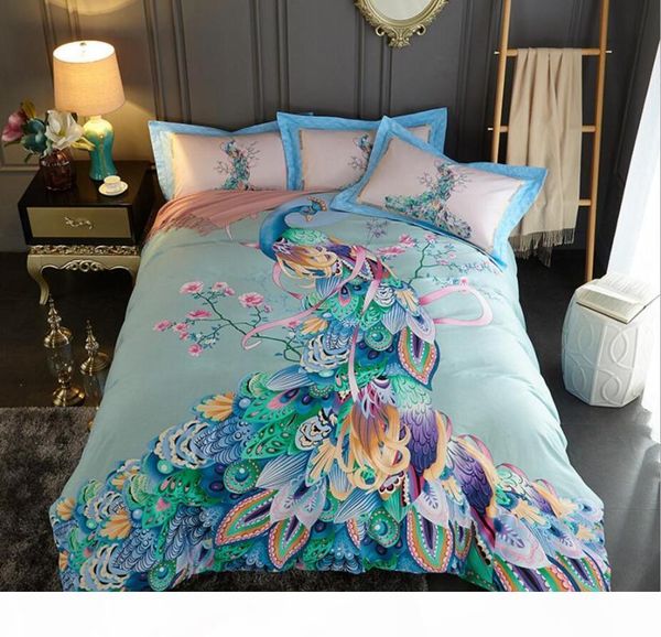 

new peacock reactive printing bedding sets king  size 4pcs 100%cotton bohemia duvet cover bed sheet bedclothes pillowcases